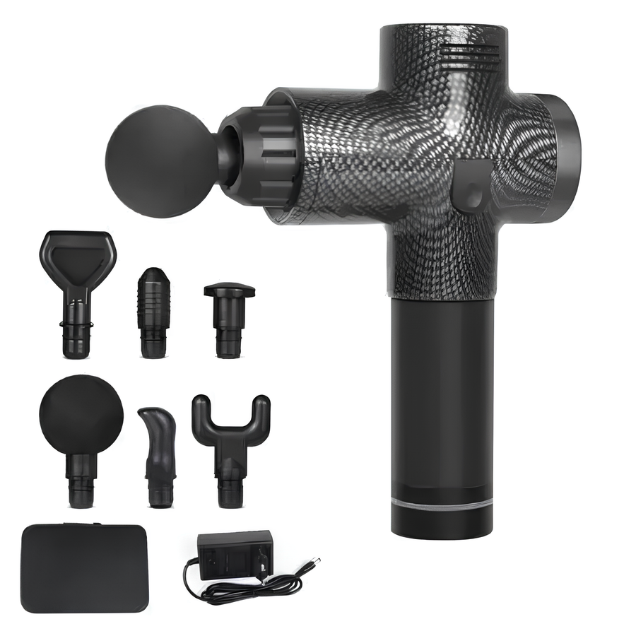 Black massage gun with attachments on a white background