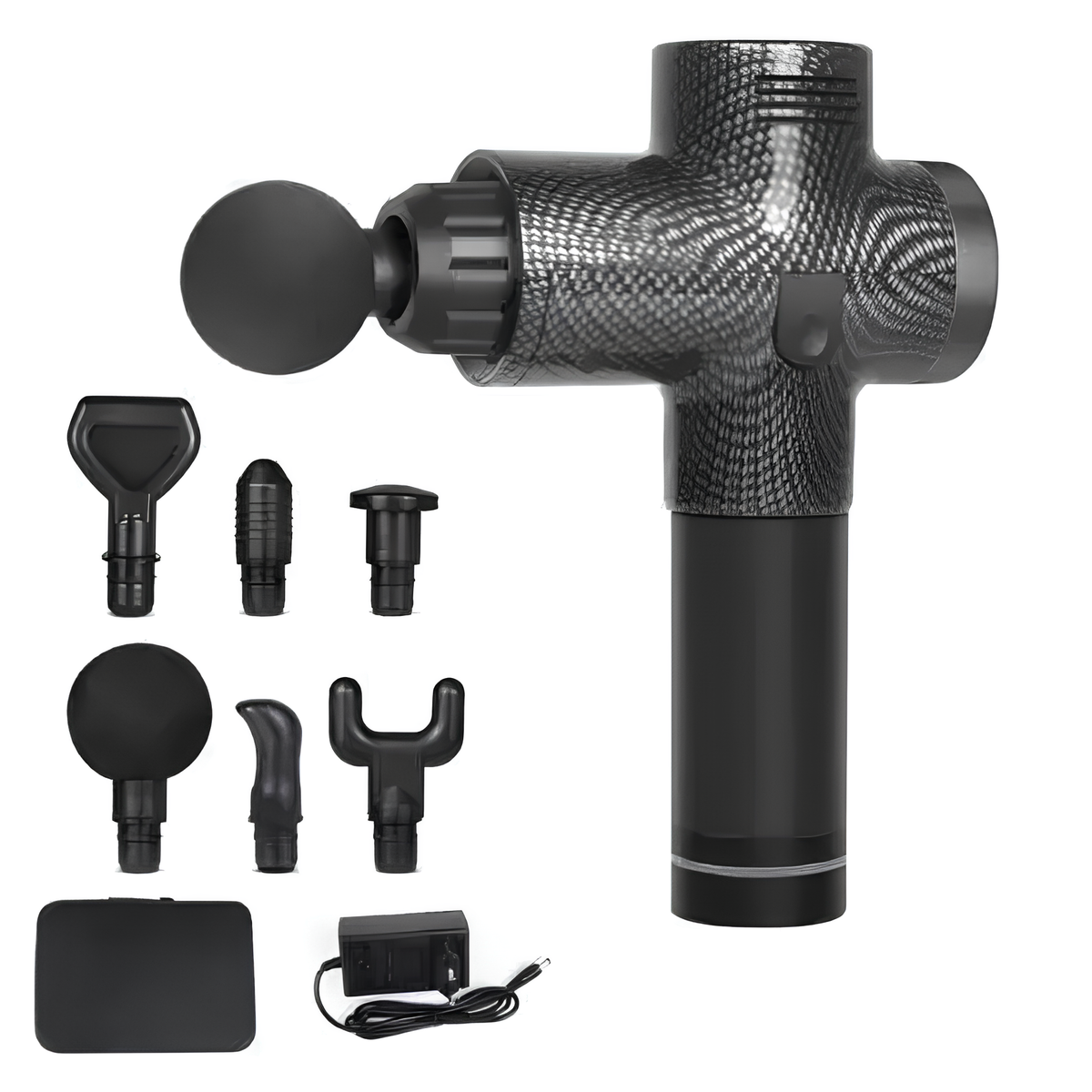 Black massage gun with attachments on a white background