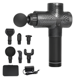 Black massage gun with attachments on a white background